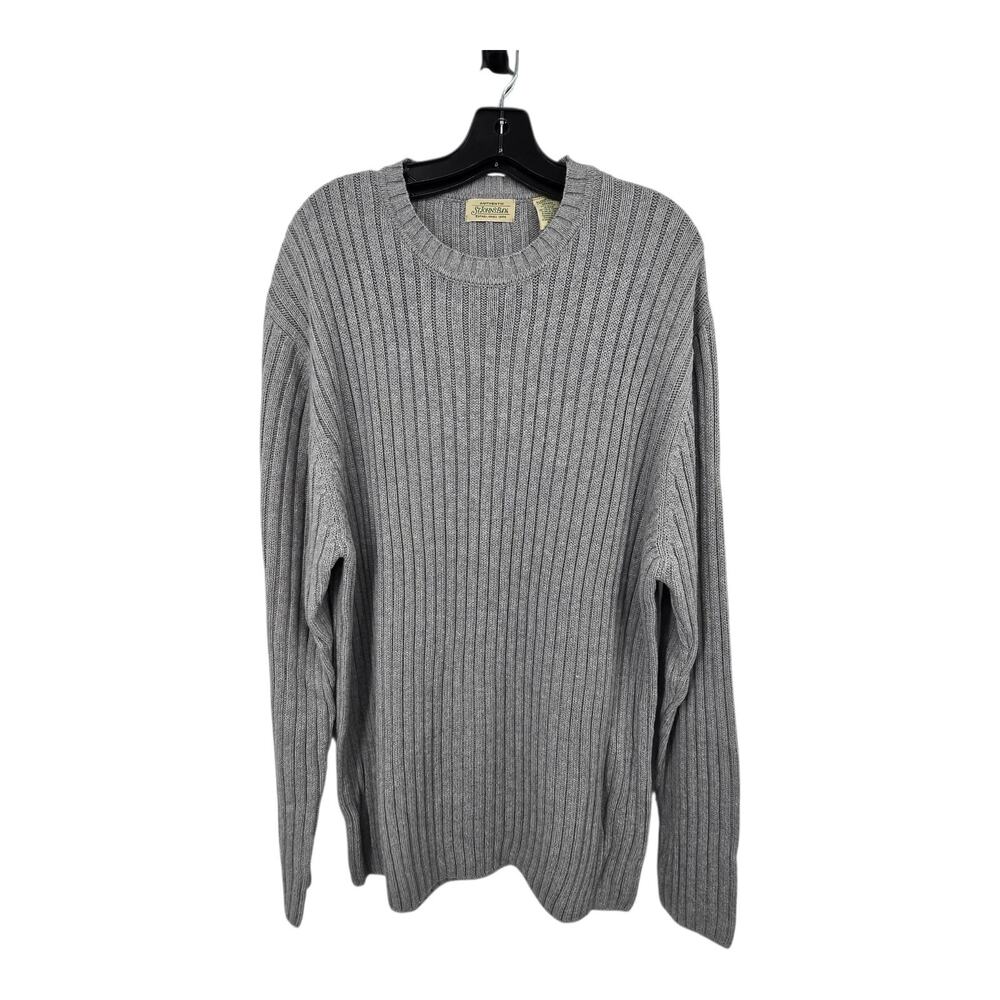 Vintage Ribbed Crew Neck Sweater Mens XL‎ Tall Gray L/S Preppy Casual Academia